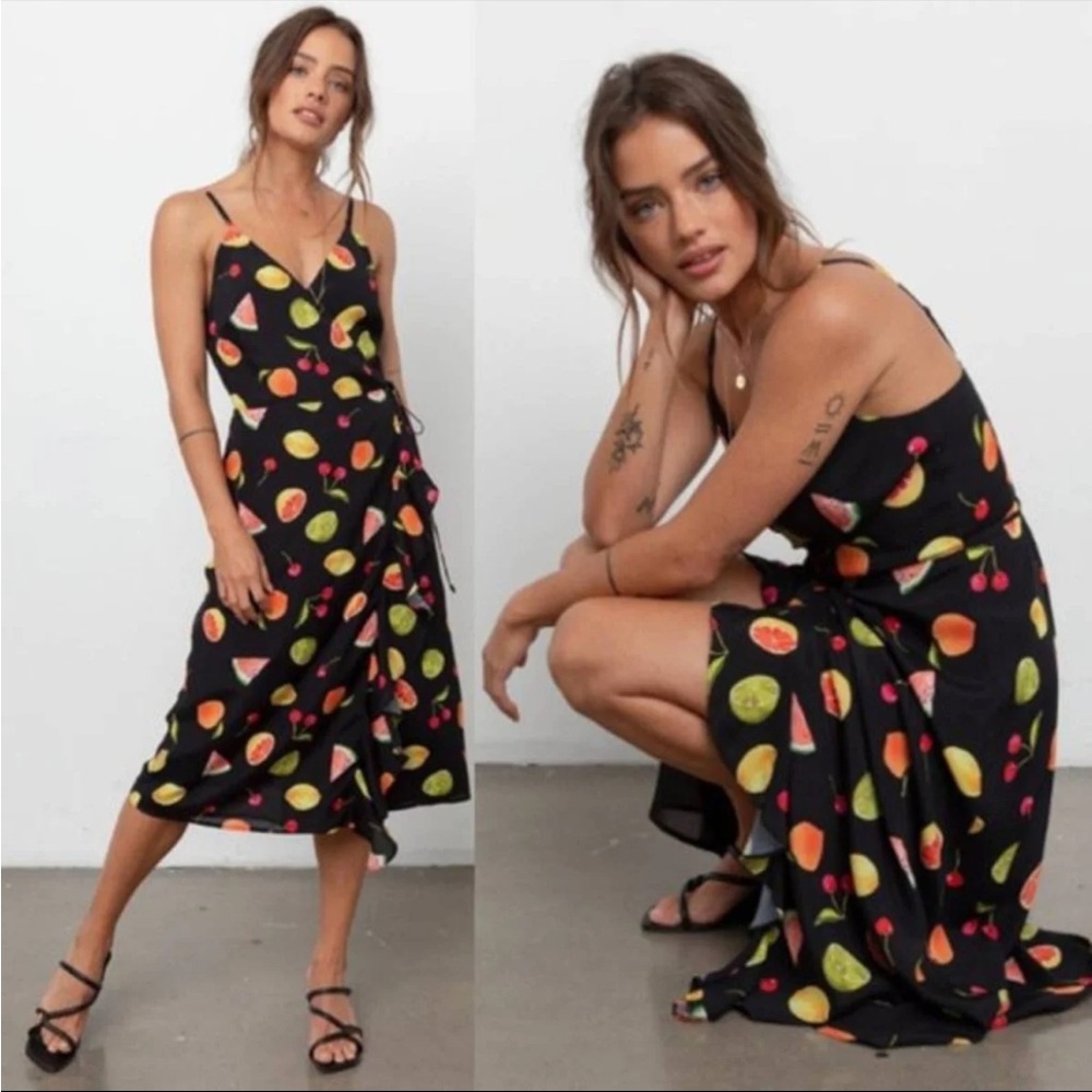 NWT Rails Iris Fruit Tropic Print Black Midi Wrap Dress